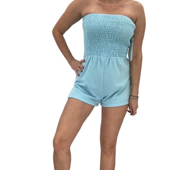 Fortune Swimwear Sophia Smocked Romper In Light Blue - Picture 1 of 5